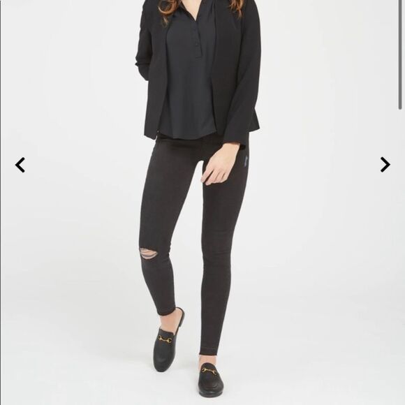 SPANX Black Pull On Ankle Distressed Tummy Control Skinny Jeans Size L - Picture 2 of 11